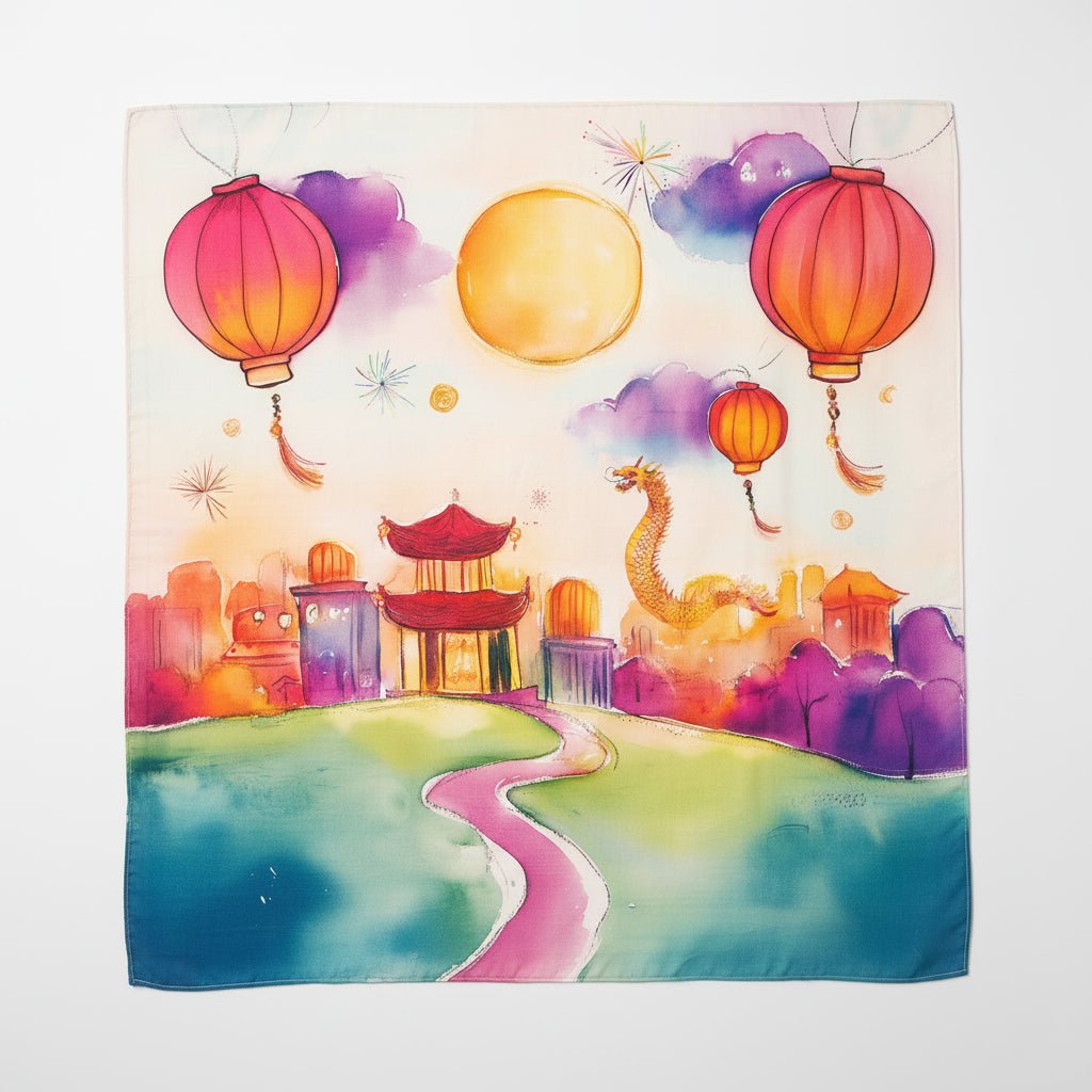 Lunar Lanterns Story Scarf, an educational Chinese New Year gift for kids, featuring illustrations of zodiac animals and red lanterns.